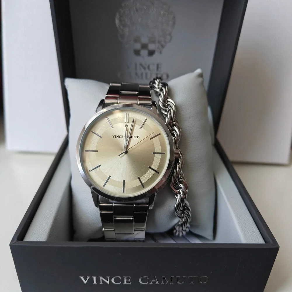 Vince Camuto Men Stainless Steel Analog Silver Watch Bracelet Set Gold Tone Dial